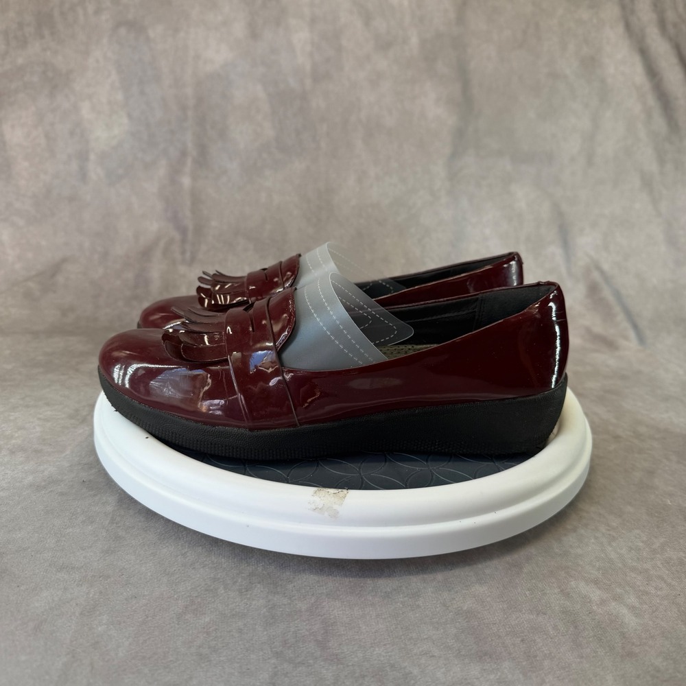 FitFlop F-Pop Kiltie Loafers Womens 8 Burgundy Patent Leather Supercomff J83-243